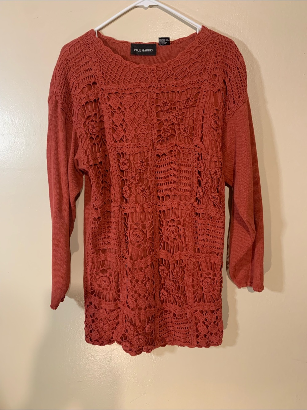 Paul Harris Rust Crochet Knit Sweater Vintage country cowgirl simple style